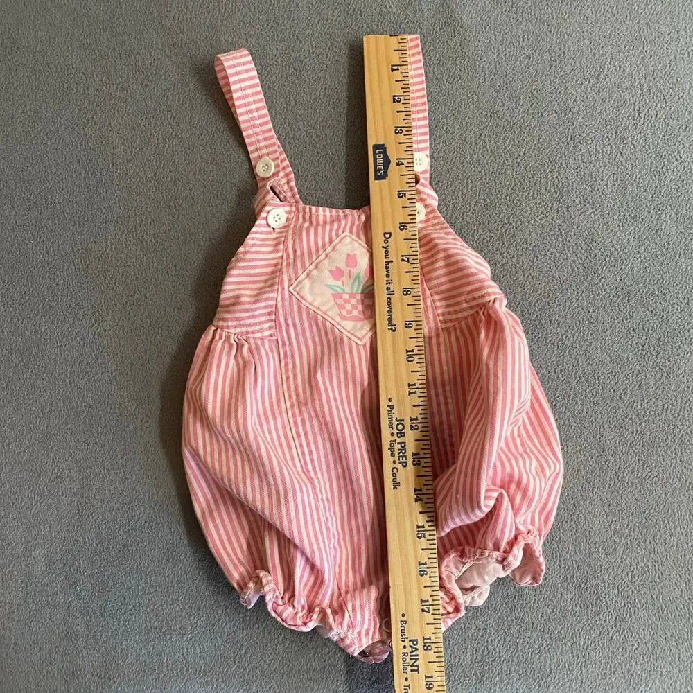 Vtg 80s 90s Offspring Playsuit Jumper Romper Girls 24M Pink Stripe Tulips Cotton